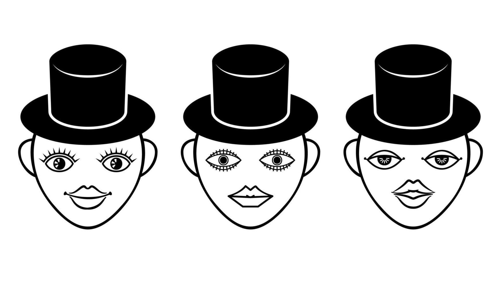 Mens in hoed, zwart en wit illustratie. tekenfilm portret mannen met zwart hoed set. vector