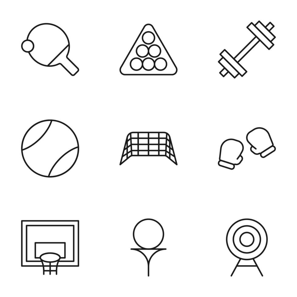 verzameling van negen lijn pictogrammen van tennis raket, biljart, gewicht, handschoenen, doelwit voor winkels, op te slaan s, advertenties, appjes, ui. minimalistisch bewerkbare beroertes vector