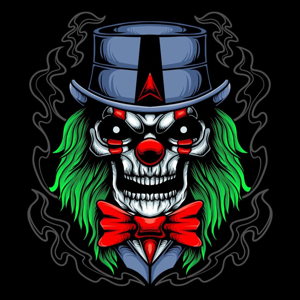 eng schedel clown hoofd vector illustratie ontwerp met hoed en boog binden, groen haar-