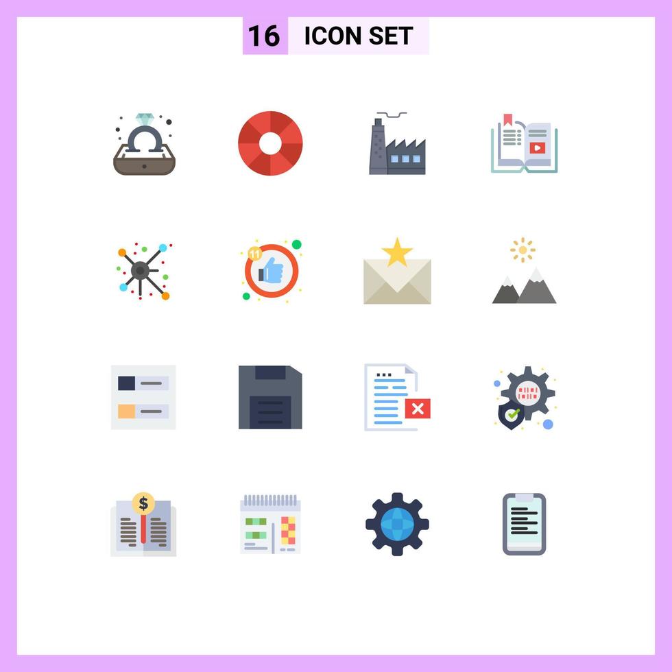 pictogram reeks van 16 gemakkelijk vlak kleuren van netwerk multimedia fabriek onderwijs video bewerkbare pak van creatief vector ontwerp elementen