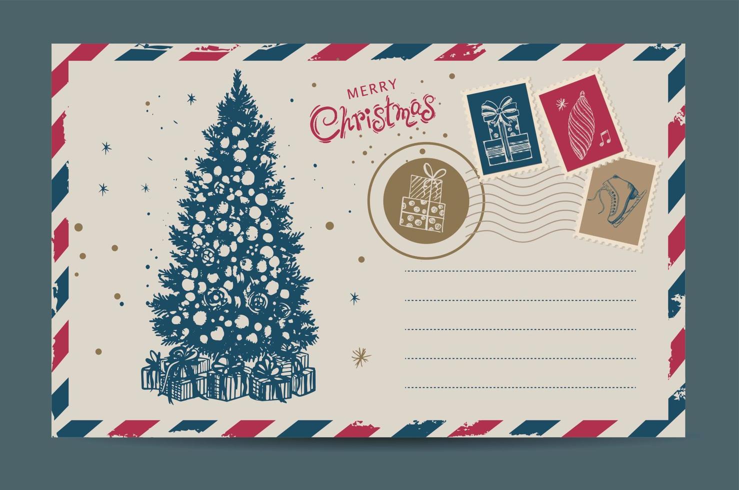 kerstpost, ansichtkaart, handgetekende illustratie. vector