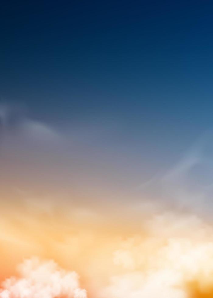 zonsondergang lucht in avond met oranje, geel en Purper kleur, verticaal dramatisch schemer lucht, schemering landschap met donker blauw, vector illustratie horizon banier van zonsopkomst voor herfst, winter achtergrond