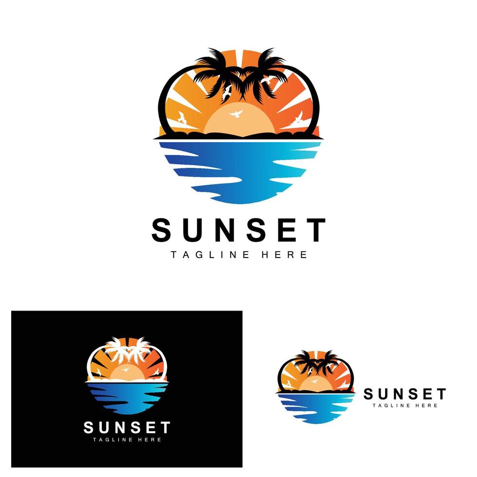 zonsondergang strand logo ontwerp, zeegezicht illustratie, rood dag vakantie plek vector