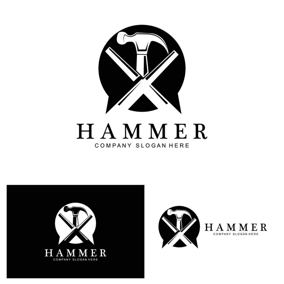 hamer, bouwconstructiehulpmiddelen en rechter logo vectorpictogram, vintage retro ontwerpillustratie vector