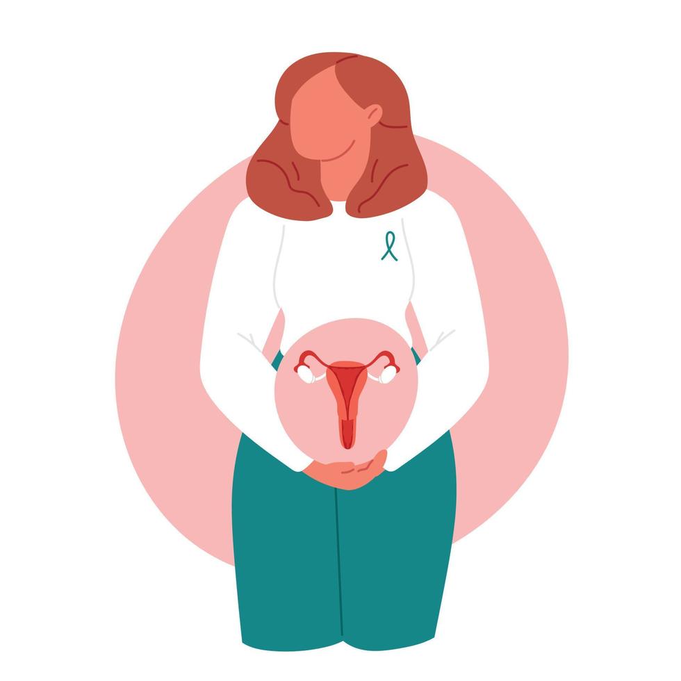 cervicaal kanker concept. menselijk papillomavirus ontwikkeling. ziekte symptoom. vrouw houdt baarmoeder. vlak vector illustratie