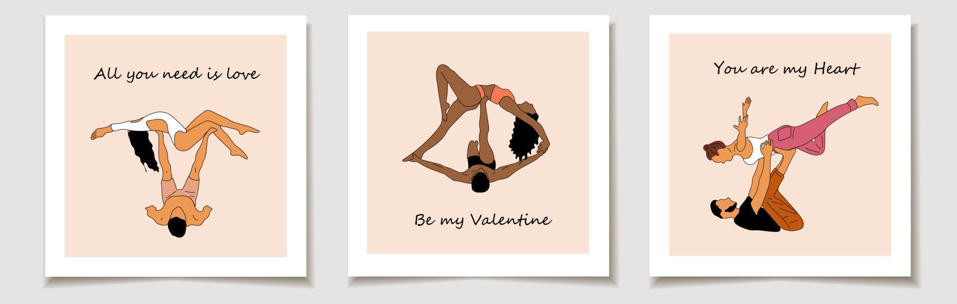 reeks van Valentijnsdag dag kaart met yoga asana's voor paar yoga.hand getrokken schetsen vector