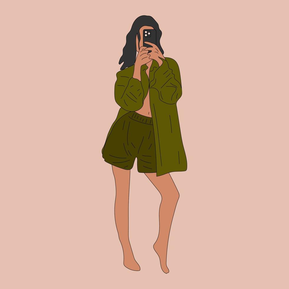 mooi jong vrouw nemen selfie in pyjama. hand- getrokken vector illustratie. tekenfilm stijl.