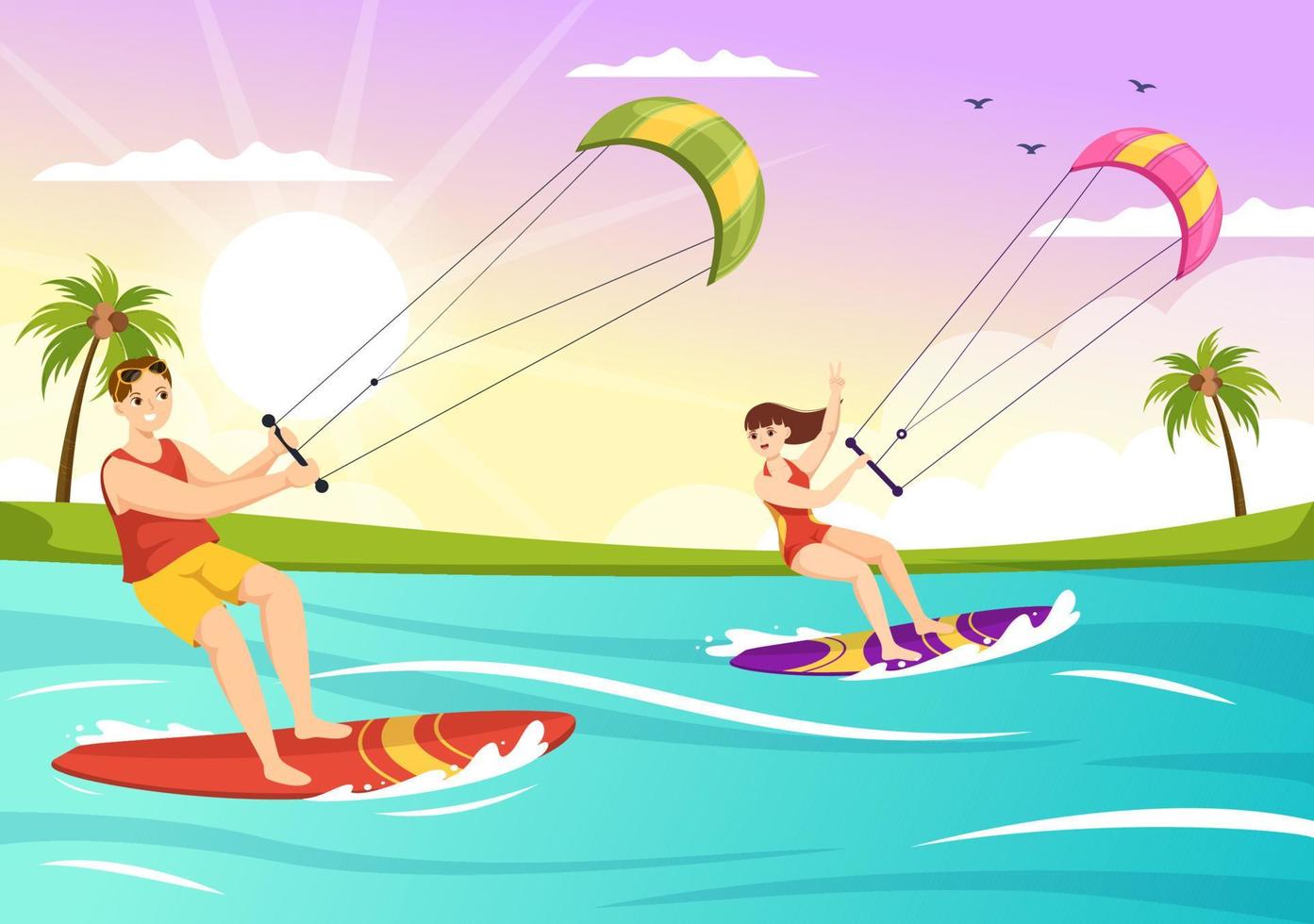kitesurfen illustratie met vlieger surfer staand Aan kiteboard in de zomer zee in extreem water sport- vlak tekenfilm hand- getrokken sjabloon vector