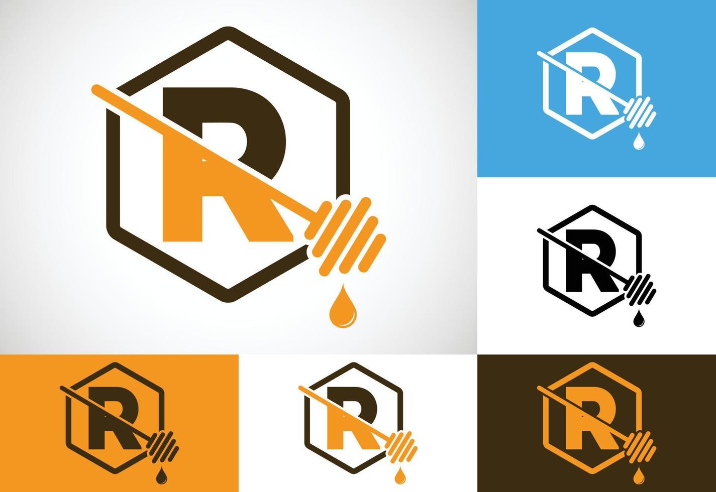 eerste brief r met honingraat bijen logo ontwerp vector illustratie. honing logo doopvont embleem