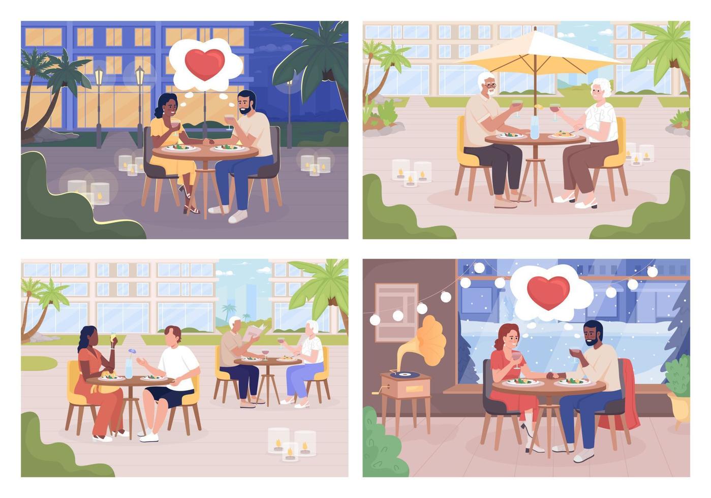 vieren belangrijk datum vlak kleur vector illustratie set. romantisch diner. paar Bij restaurant. vakantie samen. ten volle bewerkbare 2d gemakkelijk tekenfilm tekens pak met stadsgezicht Aan achtergrond