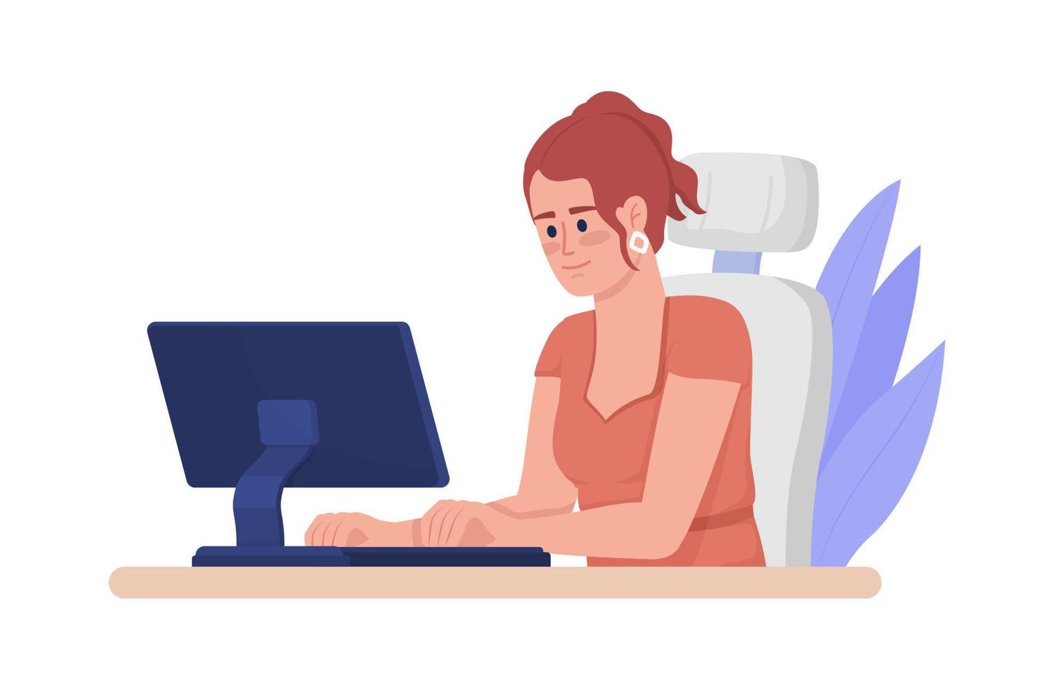 vrouw werken online semi vlak kleur vector karakter. bewerkbare figuur. vol lichaam persoon Aan wit. afgelegen medewerker. gemakkelijk tekenfilm stijl illustratie voor web grafisch ontwerp en animatie