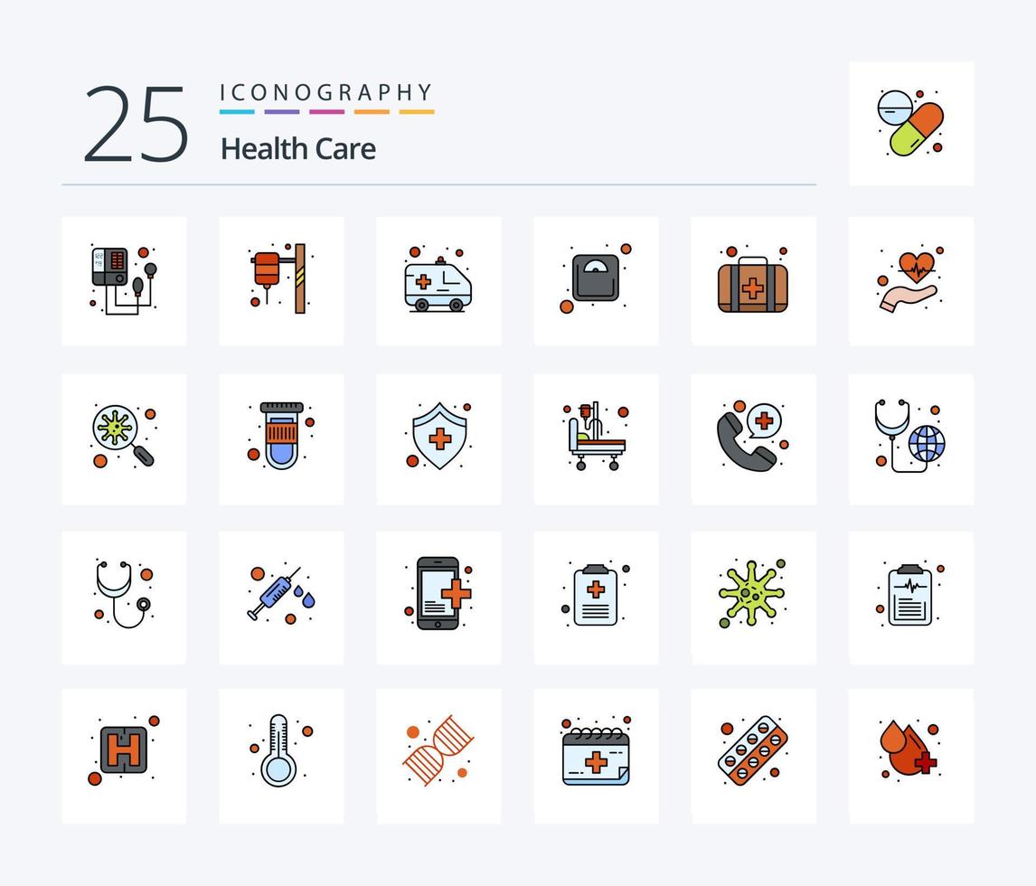 Gezondheid zorg 25 lijn gevulde icoon pak inclusief geval. gewicht. ambulance. wegen. eetpatroon vector