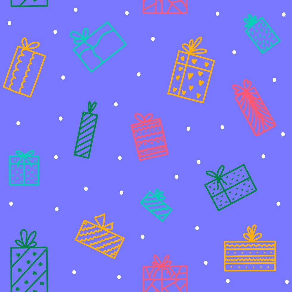 gelukkig nieuw jaar en Kerstmis naadloos patroon met kleurrijk geschenkdozen in tekening stijl Aan paars achtergrond, afdrukken voor behang, dekking: ontwerp, verpakking, vakantie: interieur decor. vector