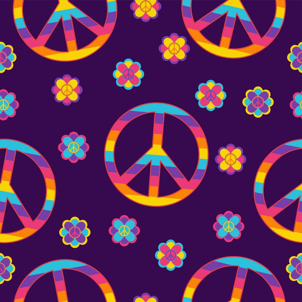 naadloos patroon in hippie stijl met bloemen, vrede symbolen in regenboog kleuren Aan donker achtergrond. vector