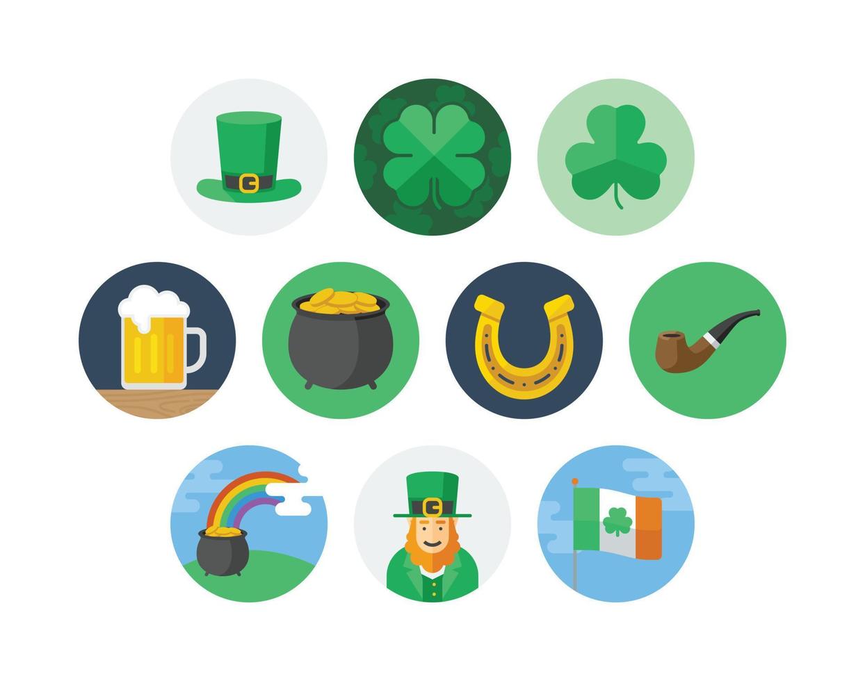 st. Patrick dag vlak cirkel insigne icoon reeks met geluk en bier verwant pictogrammen vector
