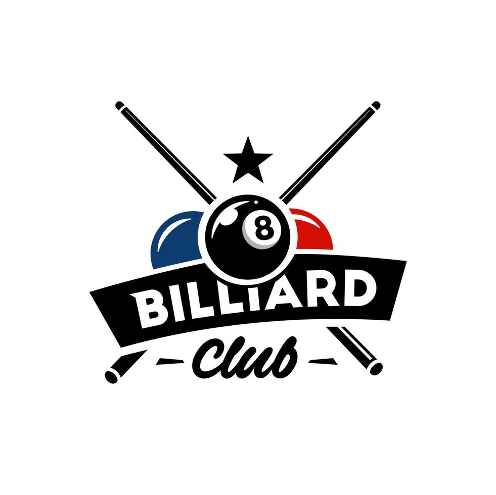 biljart club logo icoon ontwerp, sport- insigne sjabloon. vector illustratie. gekruiste biljart signalen met 3 ballen en ster geïsoleerd Aan wit achtergrond. vector embleem