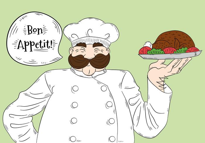Leuk groot chef-kokkarakter met Bon Appétit-van letters voorziende Vector