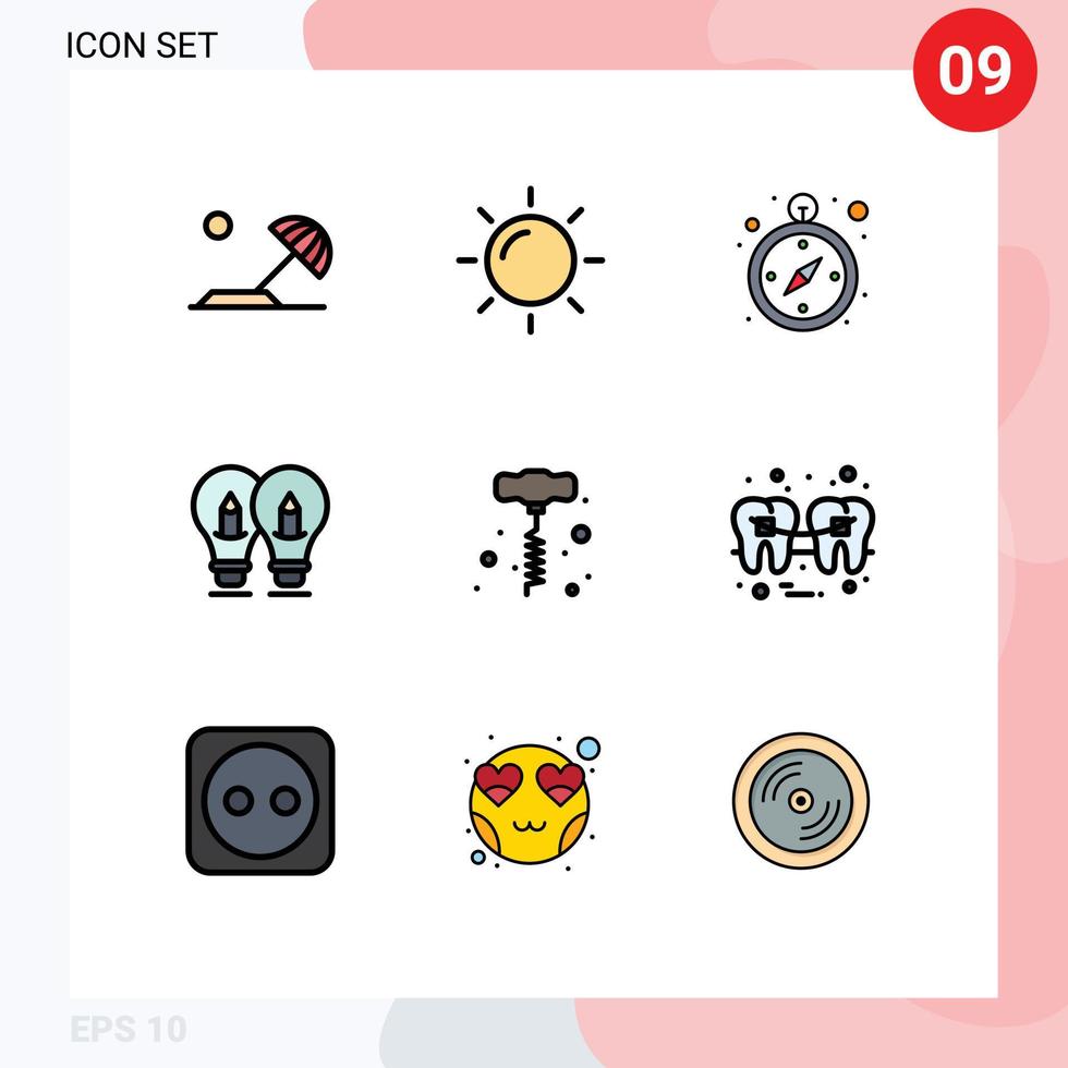 9 thematisch vector gevulde lijn vlak kleuren en bewerkbare symbolen van macht gereedschap boren logistiek licht oplossing bewerkbare vector ontwerp elementen
