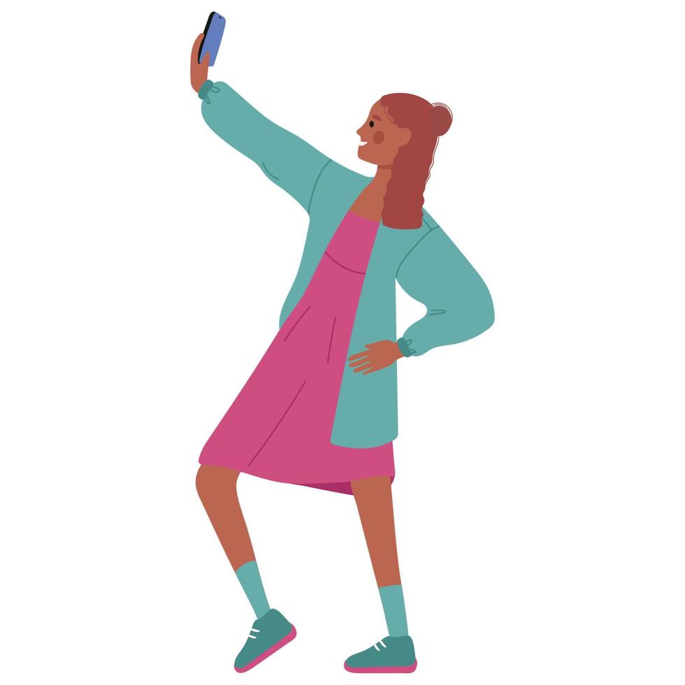 een met een donkere huid meisje, een vrouw in een jurk en een jasje, duurt een selfie, Holding een telefoon in haar hand. vector illustratie