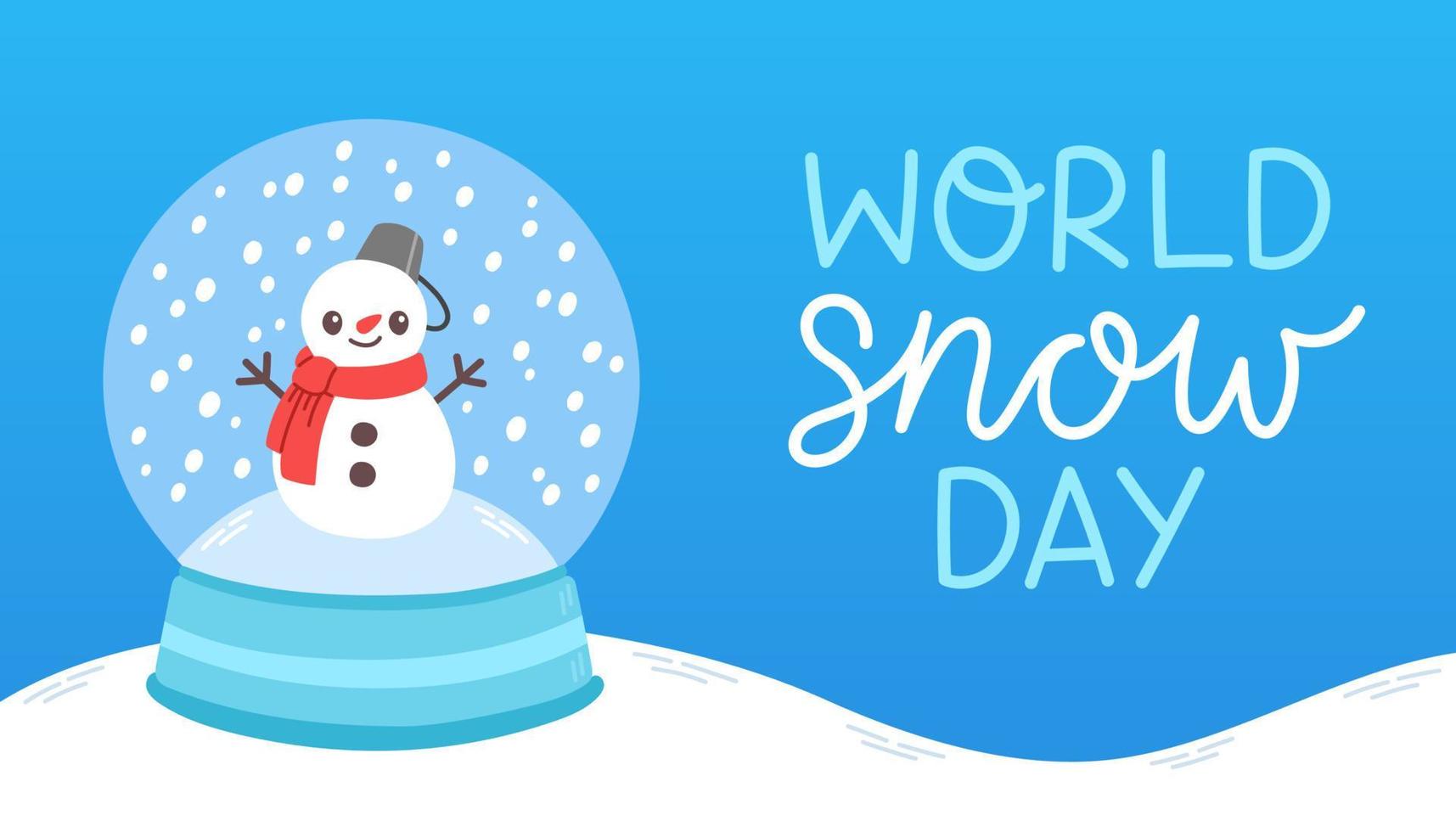 wereld sneeuw dag. Kerstmis sneeuw bal met weinig sneeuwman en sneeuwvlokken. vlak ontwerp vector