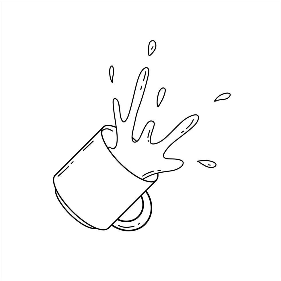gemorst kop van koffie. verstuiven en druppel. slordig behandeling in keuken. drinken met cafeïne. tekenfilm illustratie. vector