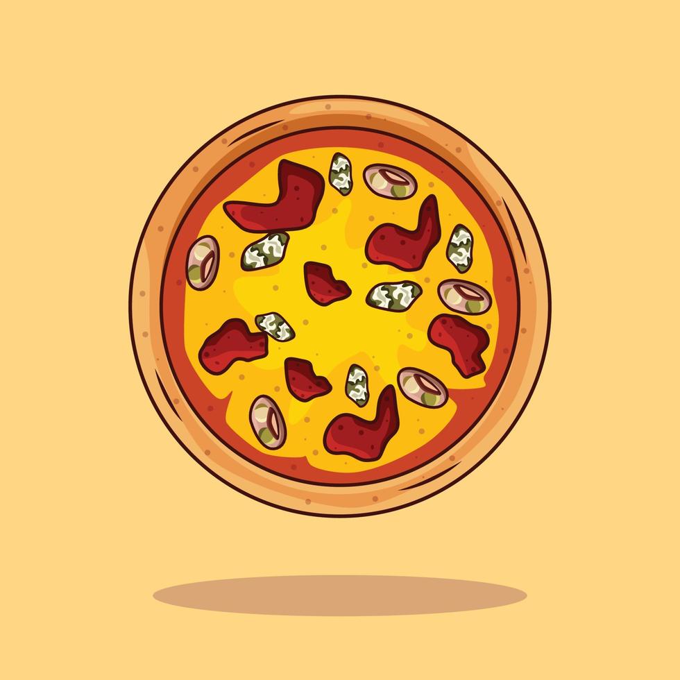 vers pizza , kaas, worst, ui, basilicum. traditioneel Italiaans snel voedsel. top visie maaltijd vector