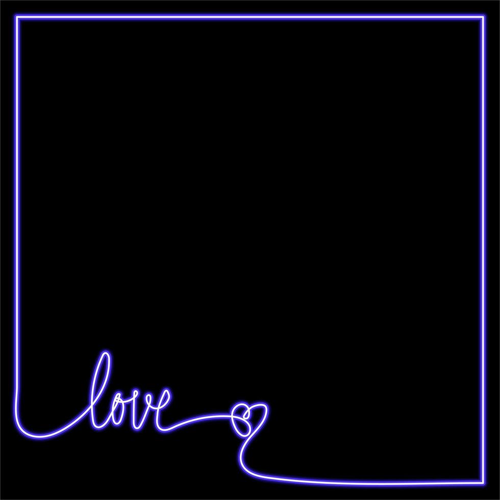 neon opschrift liefde Aan een zwart achtergrond met lijnen in de omgeving van de randen. blauw belettering voor het drukken Aan textiel en papier. ansichtkaart, achtergrond. vector