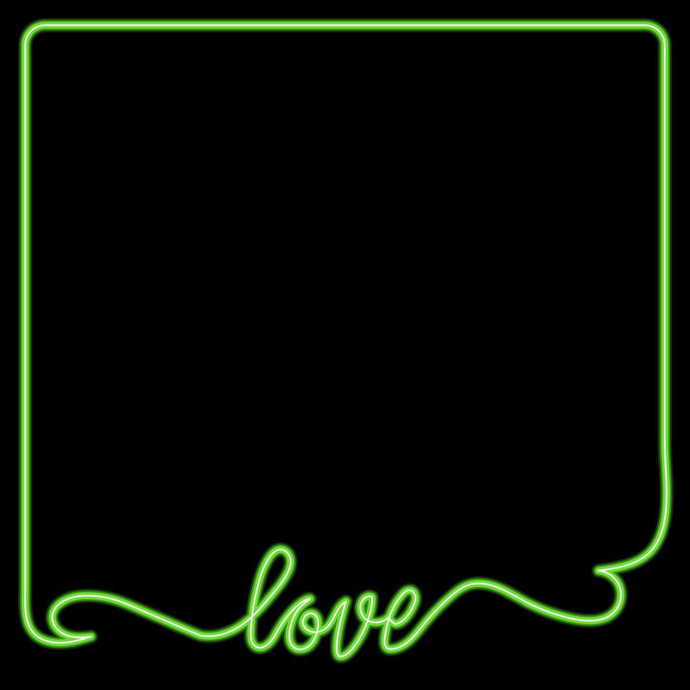 neon opschrift liefde Aan een zwart achtergrond met lijnen in de omgeving van de randen. groen belettering voor het drukken Aan textiel en papier. ansichtkaart, achtergrond. vector