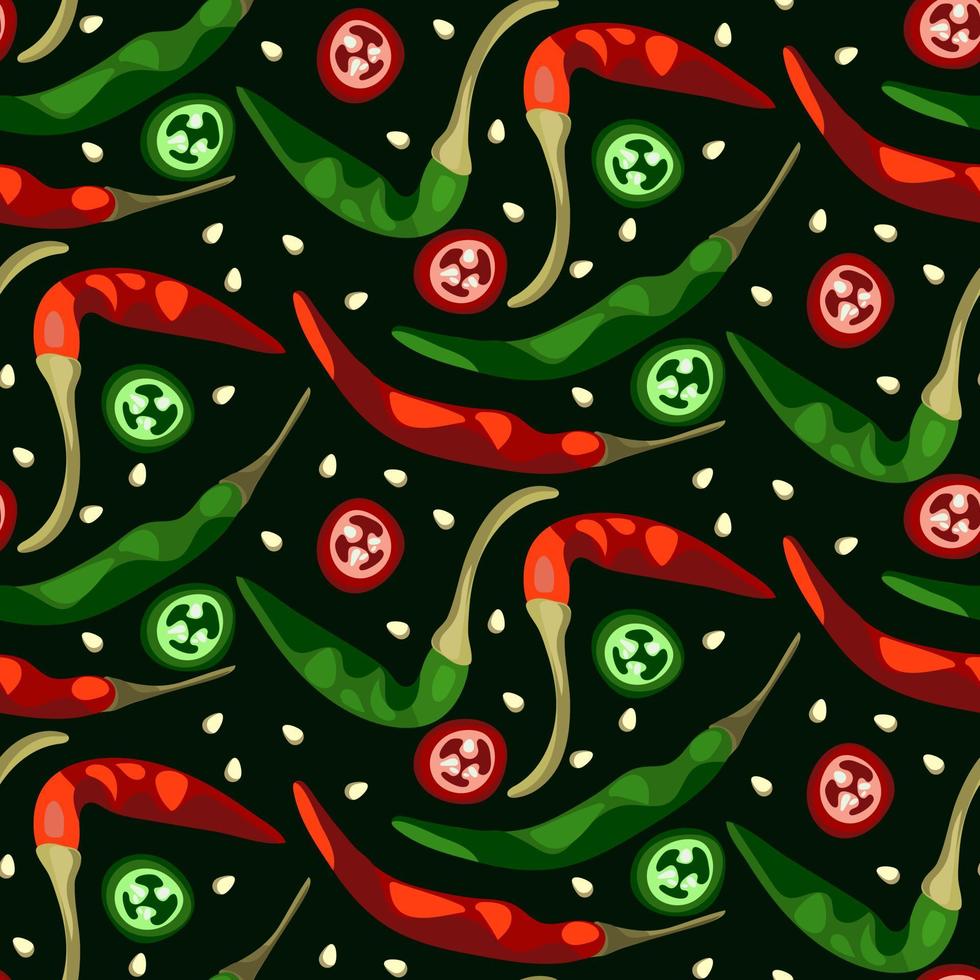 een patroon van heet Chili paprika's en jalapenos. Latijns Amerikaans heet peper in een sectie Aan een donker achtergrond. geschikt voor het drukken flyers, spandoeken, verpakking voor vestigingen en geschenk. vector