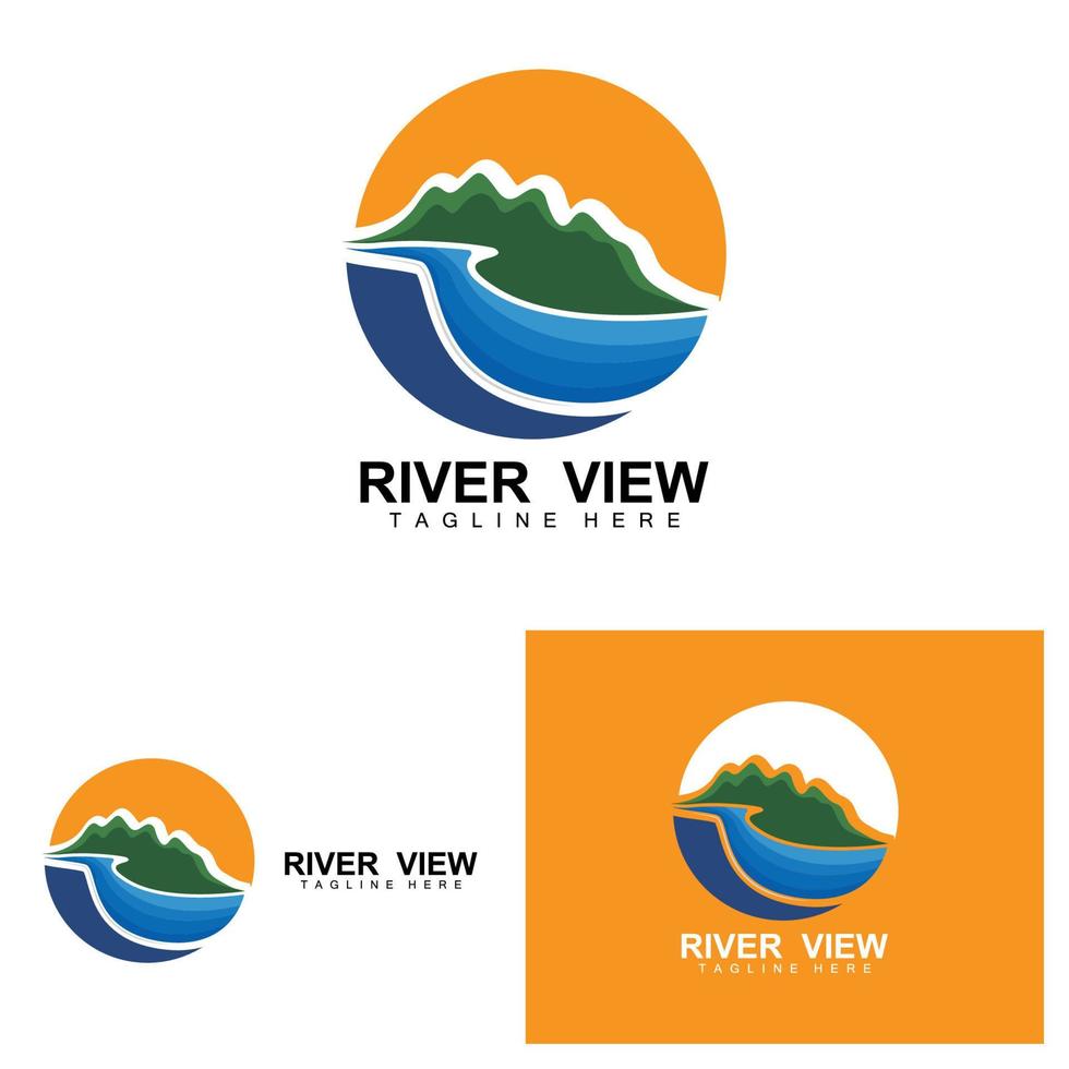 rivier- logo ontwerp, rivier- kreek vector, rivieroever illustratie met een combinatie van bergen en natuur, Product merk vector