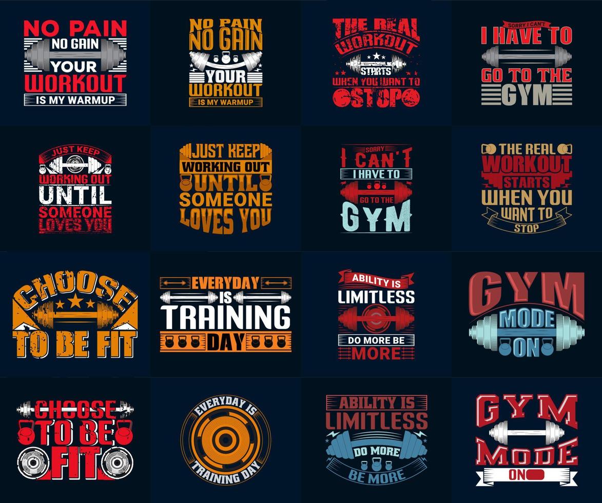 motiverende citaten voor training t-shirt ontwerp, sportschool-fitness t-shirt ontwerp bundel vector