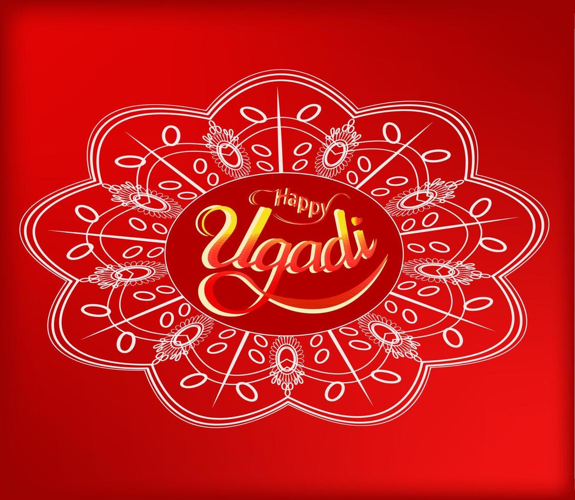 gelukkig ugadi glimmend belettering met bloeit binnen van etnisch oosters wit kolam rangoli stijl mandala bloemen ontwerp Aan edele donkerrood achtergrond. groet, wens Aan zuiden Indisch festival van nieuw tijdperk vector