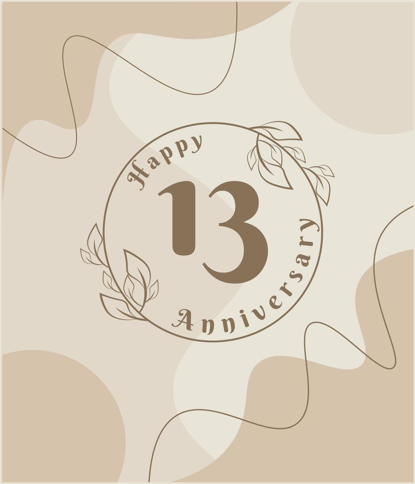 13 jaar verjaardag, minimalistische logo. bruin vector illustratie Aan minimalistische gebladerte sjabloon ontwerp, bladeren lijn kunst inkt tekening met abstract wijnoogst achtergrond.