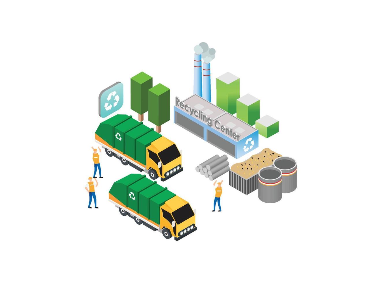 modern isometrische groen biologisch verspilling recycle technologie illustratie in wit geïsoleerd achtergrond met mensen en digitaal verwant Bedrijfsmiddel vector