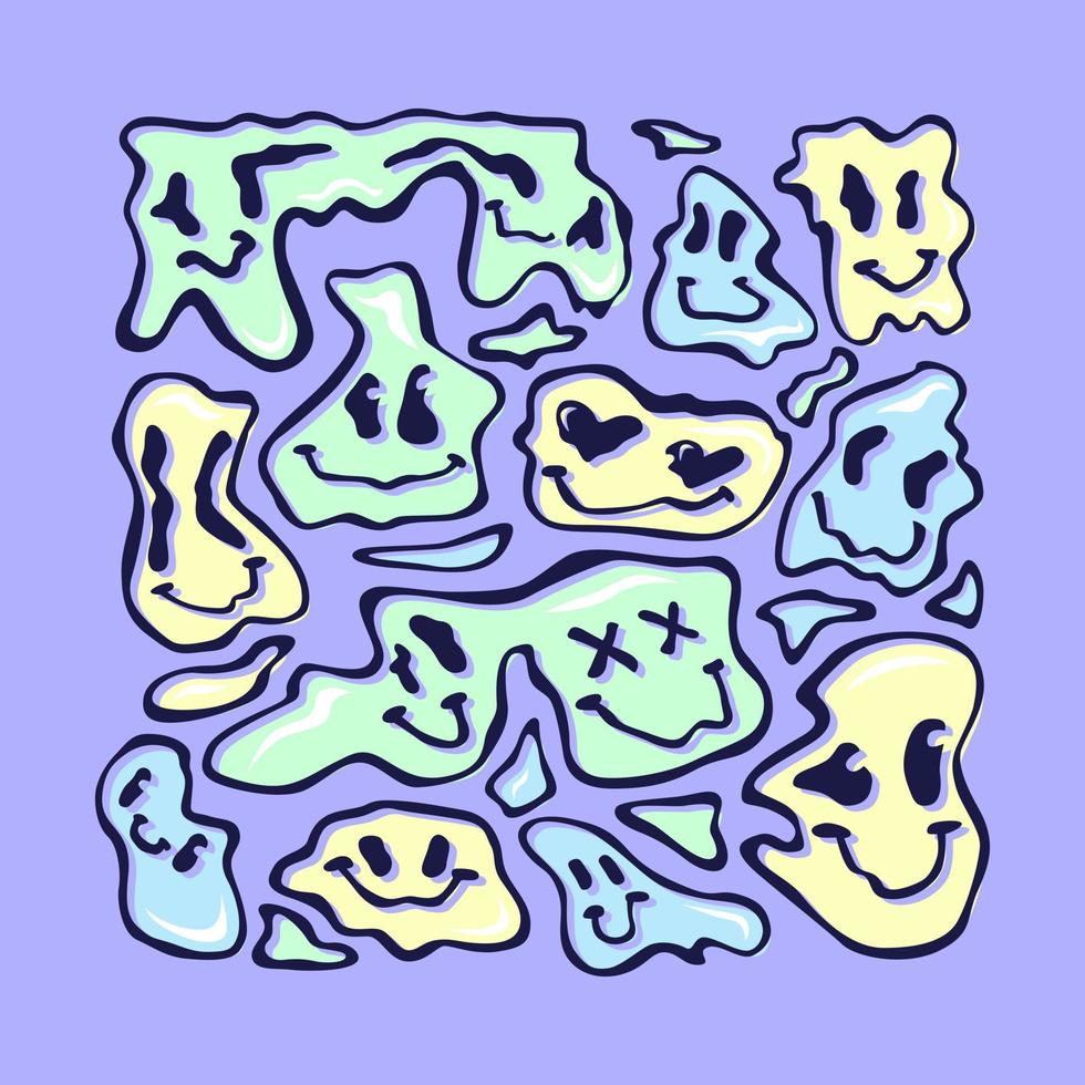 psychedelisch groovy vloeistof emoji's. gesmolten gezichten in trippy zuur enthousiast stijl vector