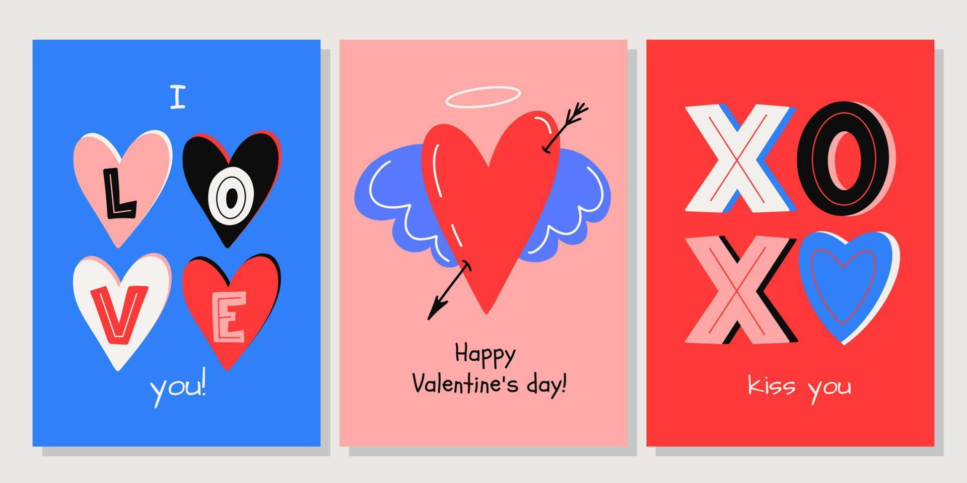 Valentijnsdag dag groet kaart set. hand- getrokken modieus tekenfilm hart, liefde belettering. vector illustratie