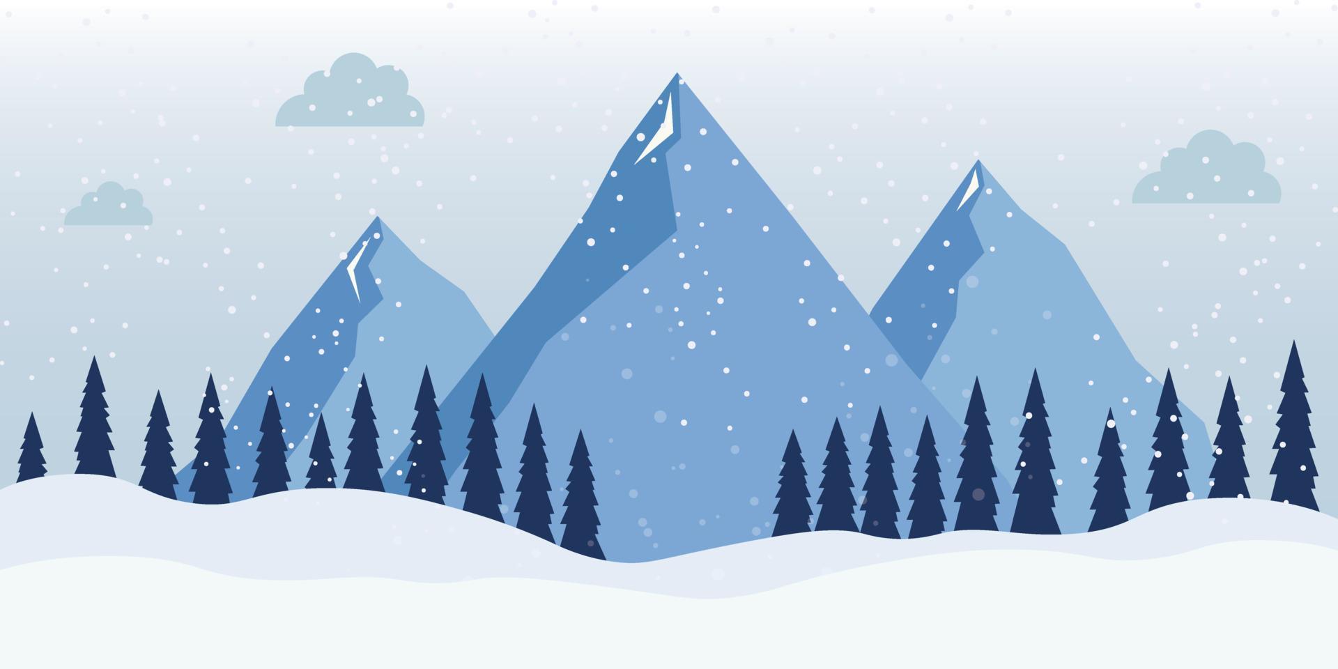 sneeuwlandschap natuur tafereel icoon. winter landschap met bergen en sneeuwval. vector illustratie