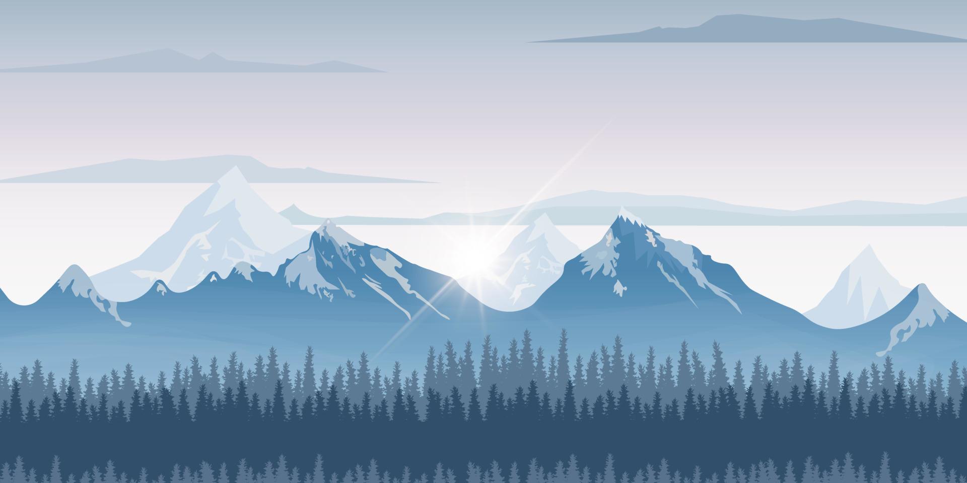 prachtig besneeuwd berg landschap. winter bergen landschap met dennen en heuvels. zonsopkomst of zonsondergang. vector illustratie