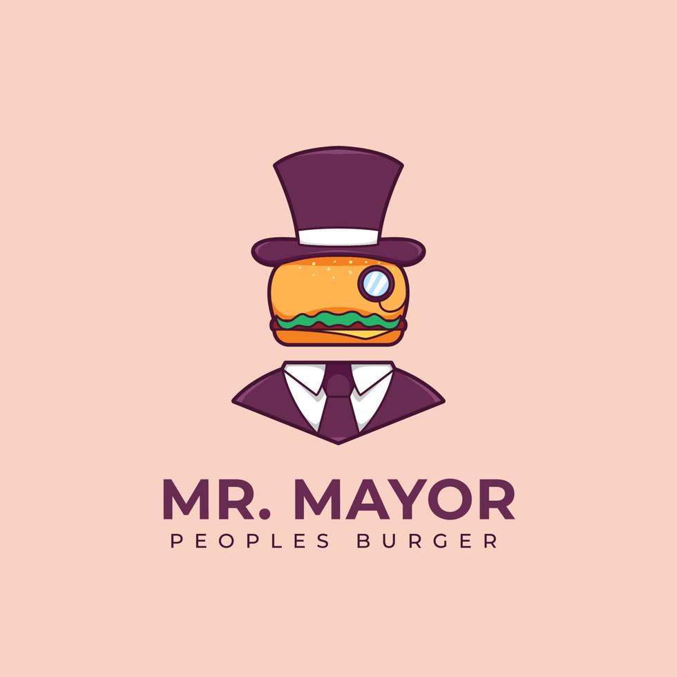 Dhr burgemeester hamburger logo. restaurant hamburger logo net zo stad burgemeester mascotte tekenfilm illustratie logo icoon vector