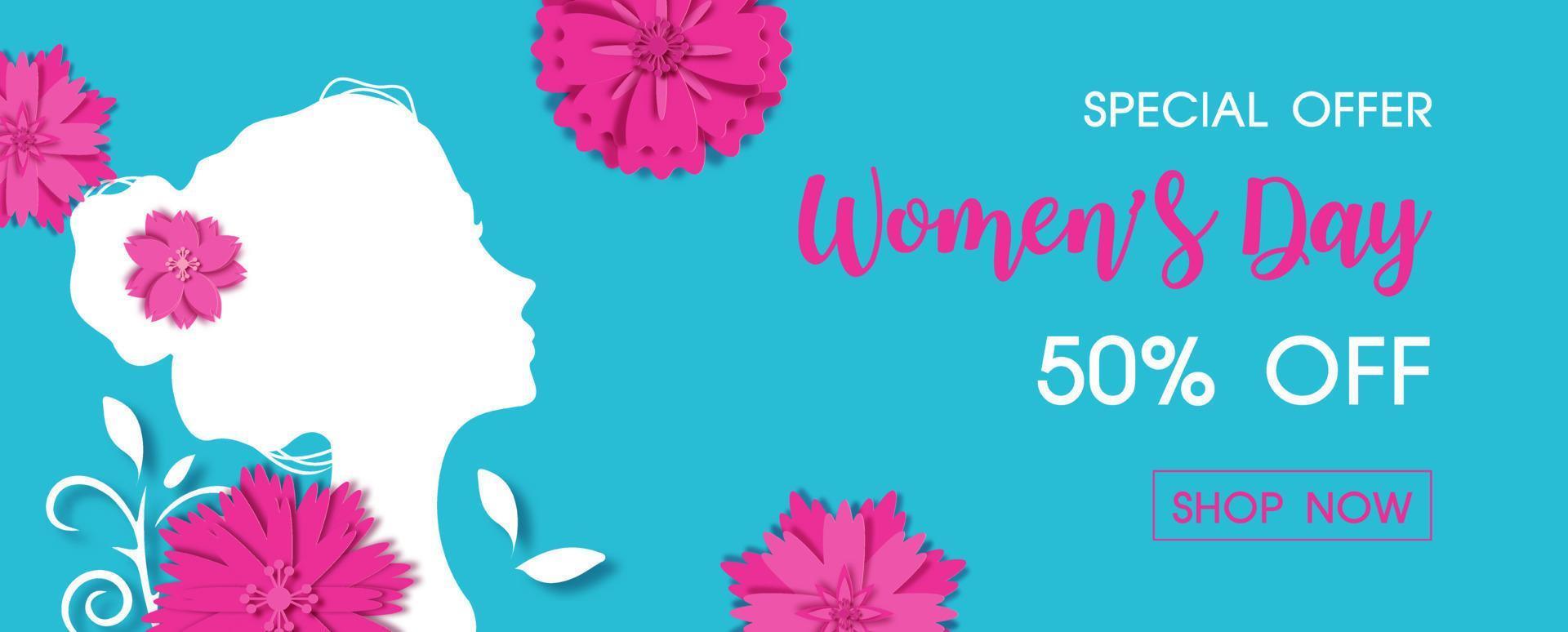 magenta bloemen in papier besnoeiing stijl Aan wit silhouet vrouw vorm met vrouwen dag specials aanbod uitverkoop formulering isoleren Aan zee groen kleur achtergrond. vector