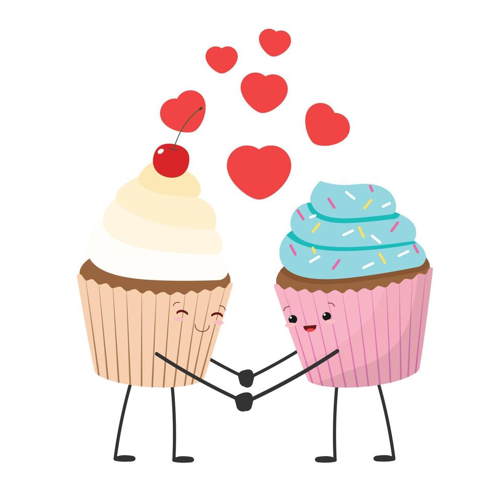 paar- van cupcakes in liefde. concept voor Valentijnsdag dag met desserts en hart. paar van muffins. vector illustratie.