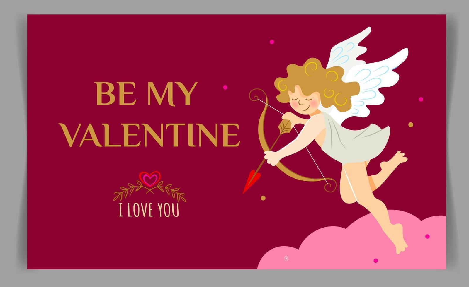 Valentijnsdag dag poster of kaart met schattig Cupido en roze wolk Aan donker rood achtergrond. vector