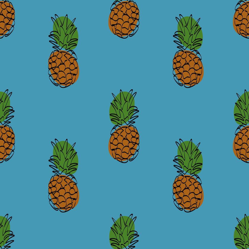 naadloos patroon met ananas Aan blauw achtergrond. doorlopend een lijn tekening ananas. zwart lijn kunst Aan blauw achtergrond met kleurrijk vlekken. veganistisch concept vector