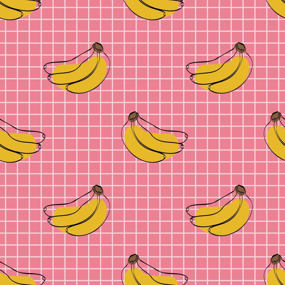 naadloos patroon met banaan Aan roze achtergrond. doorlopend een lijn tekening banaan. zwart lijn kunst Aan roze achtergrond met kleurrijk vlekken. veganistisch concept vector