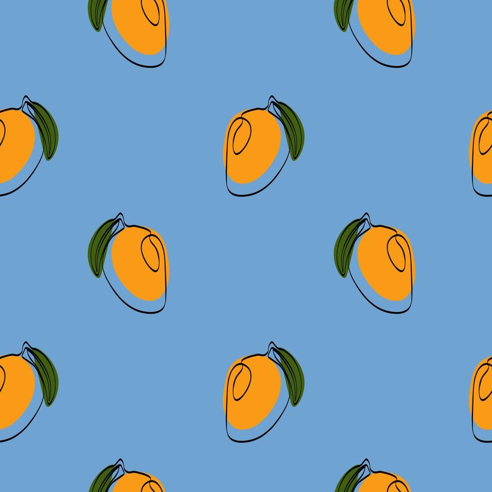 naadloos patroon met mango Aan blauw achtergrond. doorlopend een lijn tekening mango. zwart lijn kunst Aan blauw achtergrond met kleurrijk vlekken. veganistisch concept vector