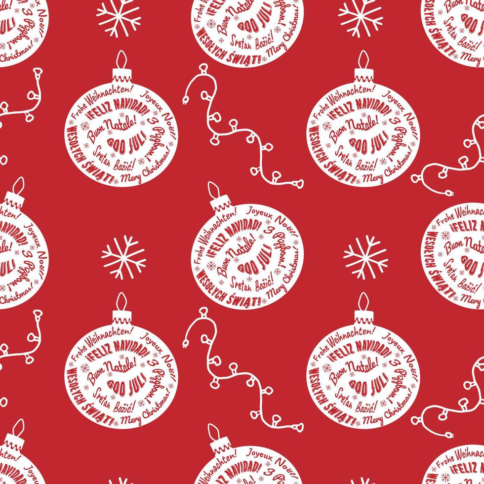 Kerstmis kerstballen gemaakt van vrolijk Kerstmis in verschillend talen Aan de rood achtergrond. vector geïsoleerd naadloos patroon in wit kleur.