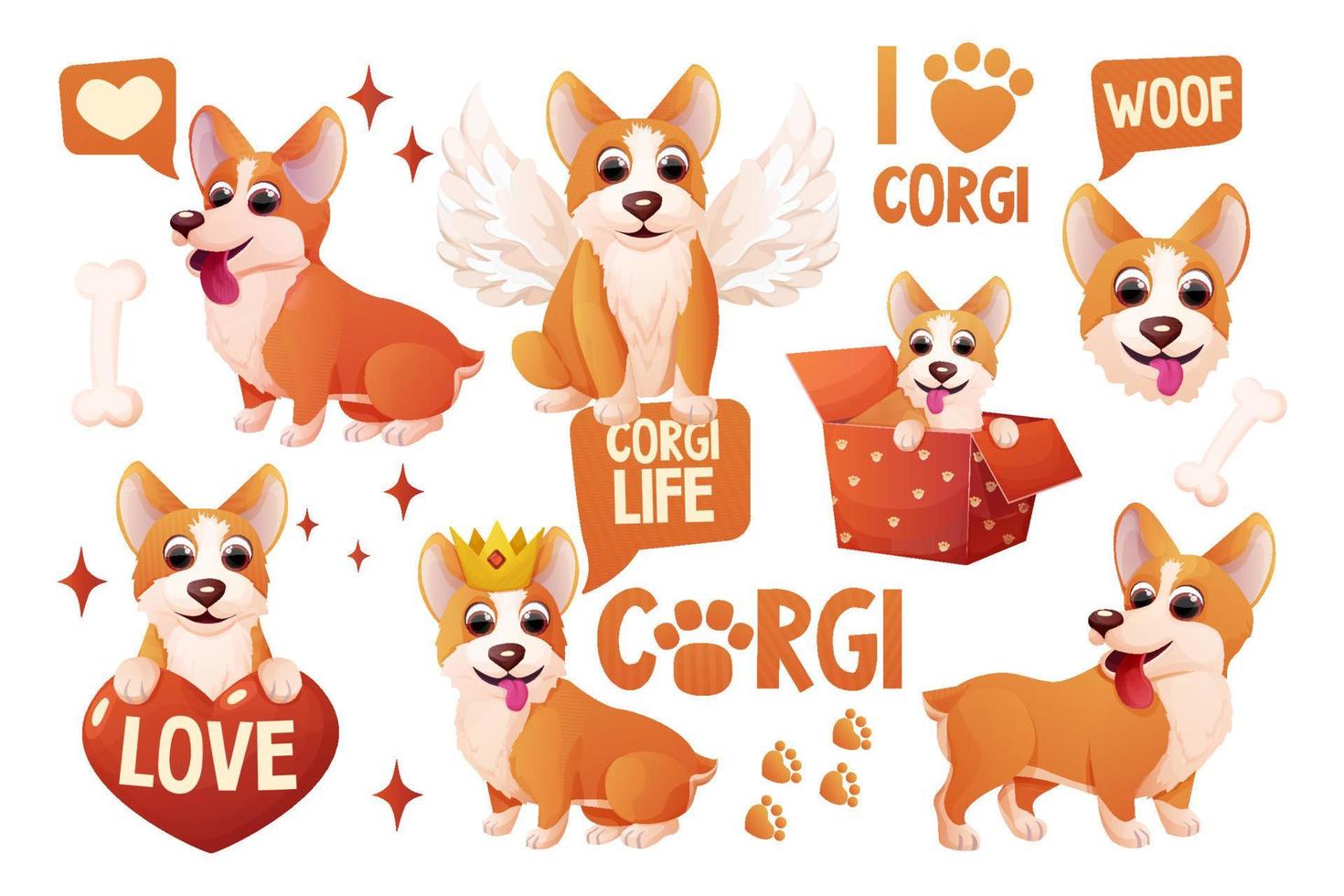 reeks corgi hond stickers met kroon, Vleugels, zitten, aanbiddelijk huisdier, activiteiten in tekenfilm stijl geïsoleerd Aan wit achtergrond. grappig emotioneel karakter, grappig houding. vector illustratie