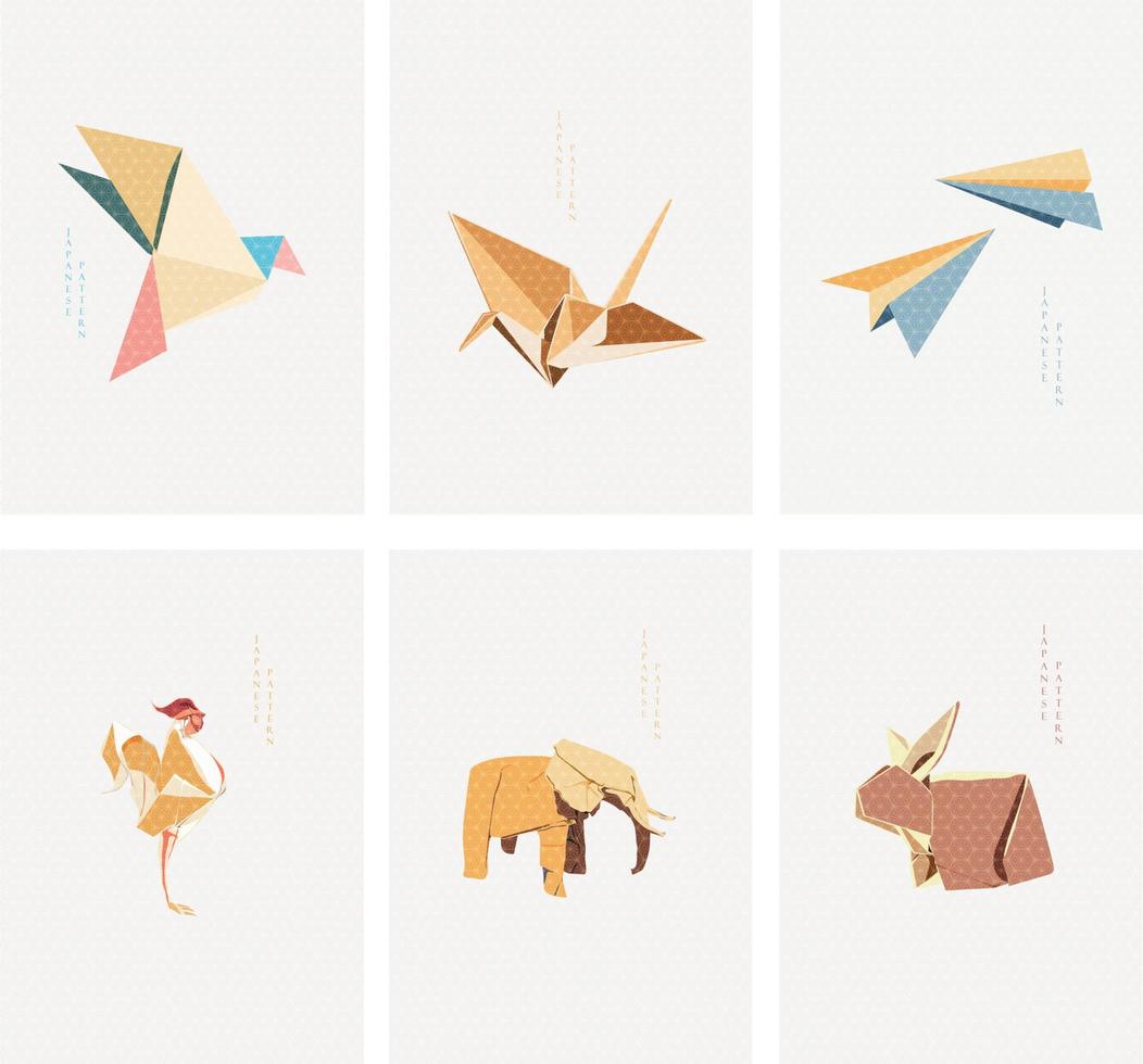 reeks van meetkundig modern grafisch elementen vector. Aziatisch pictogrammen met Japans patroon. origami papier vouwen icoon. kraan vogels, olifant, konijn, kip en vlak voorwerp. vector
