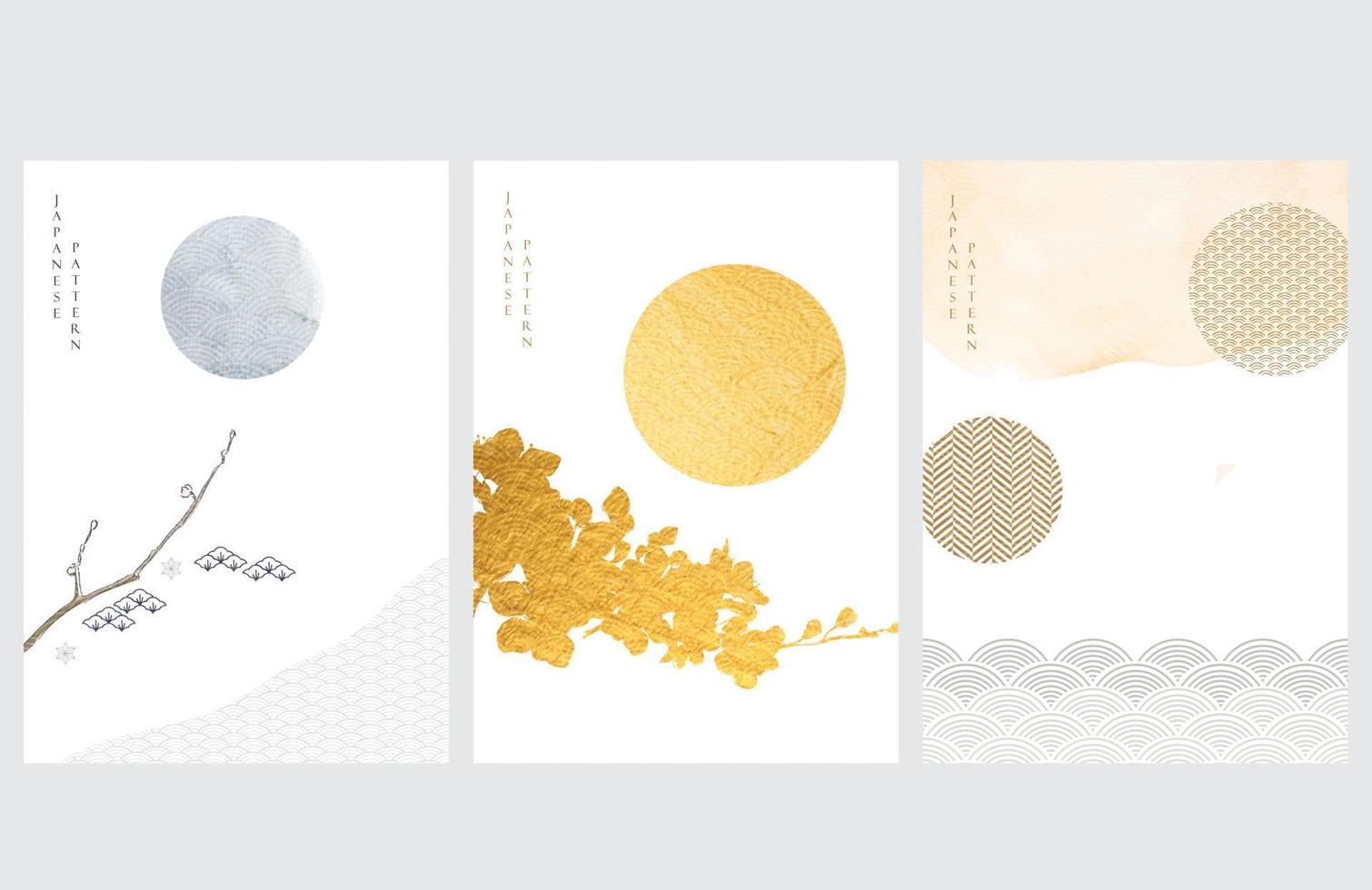 Japans achtergrond met goud folie decoratie vector. waterverf structuur met kers bloesem Afdeling. vector