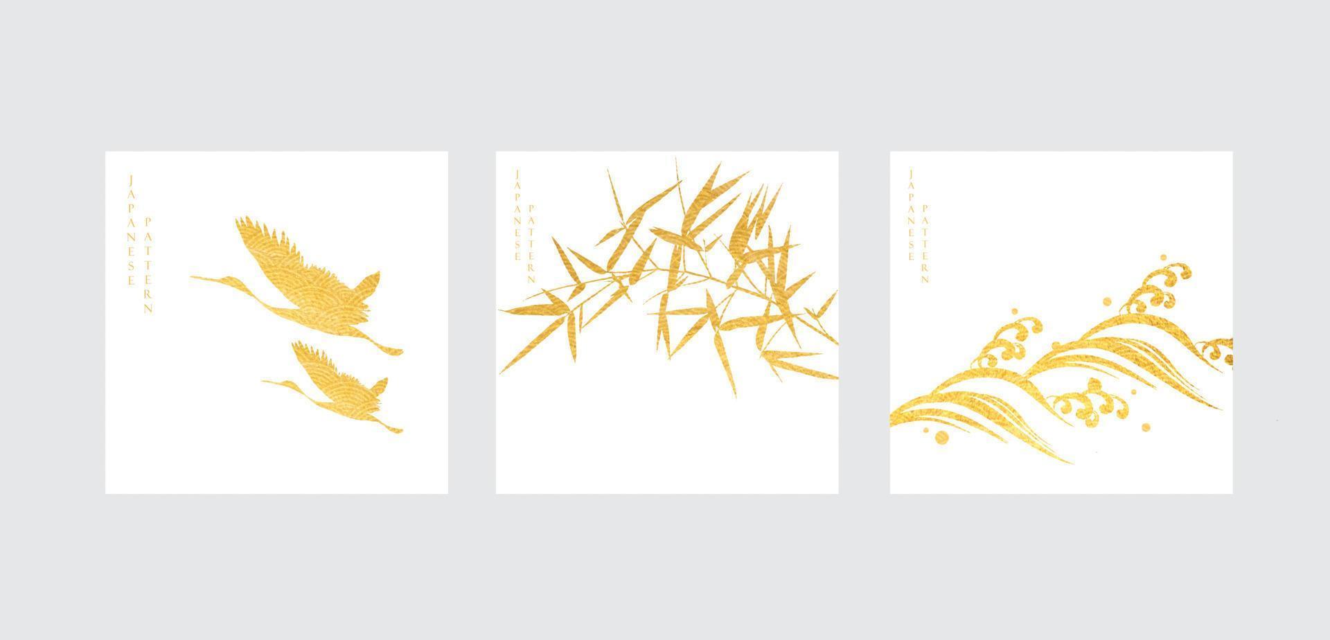 Japans achtergrond met Aziatisch icoon en symbool vector. kraan vogels, bamboe en Golf elementen met goud structuur Aan wit in wijnoogst stijl. vector